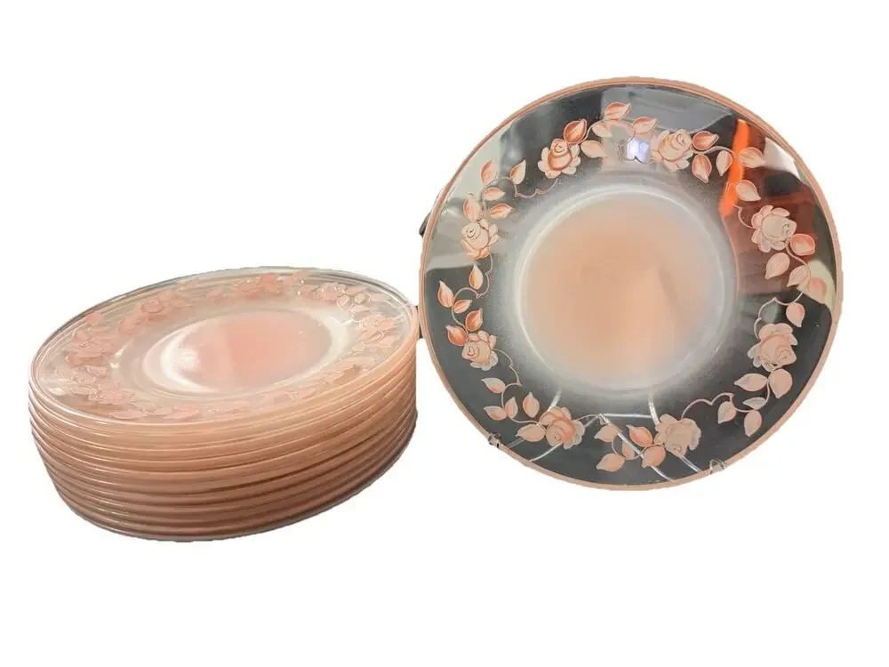 Vintage Pink Frosted Glass Floral Luncheon Salad Plates Set of 12 Etched Roses